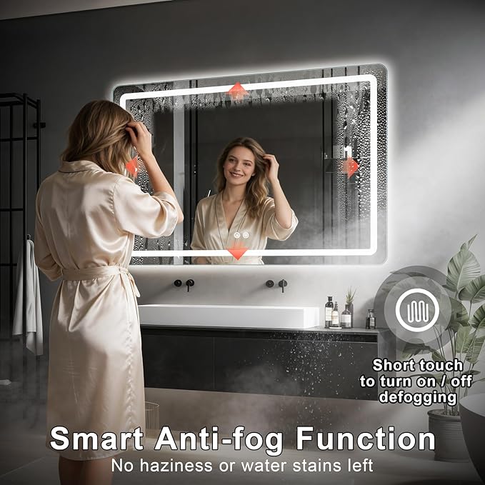 LED Bathroom Mirror, 48 x 36 Inch Anti-Fog Wall Mirror with Lights Stepless Dimmable, Lighted Bathroom Mirrors for Wall, Rectangle Bathroom Vanity Mirror with Front and Backlight, Horizontally Only