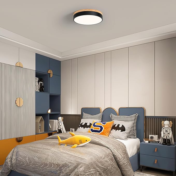 Modern Wood Oak Black Flush Mount Ceiling Light Dimmable LED Ceiling Light Fixture 2700K-6000K 5CCT Minimalist Circle Close to Lighting Lamp for Kitchen Bathroom Bedroom Laundry Room, 11.8''