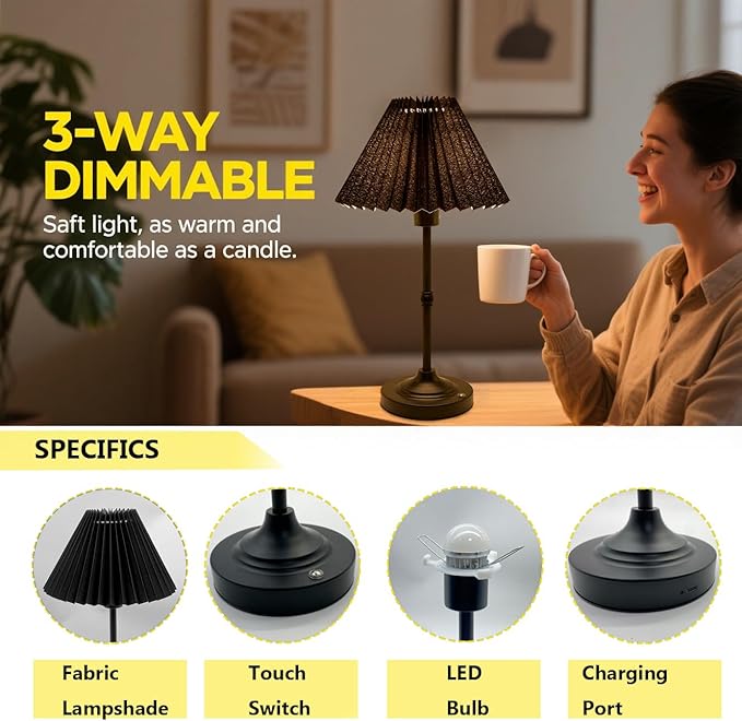 Cordless LED Table Lamp with Dimmer, Built-in Rechargeable Battery, 3-Level Brightness, Patio Table Lamp, Bedside Night Lamp, Ambient Light Desk Lamp for Home Decor Restaurant, Gift for Men