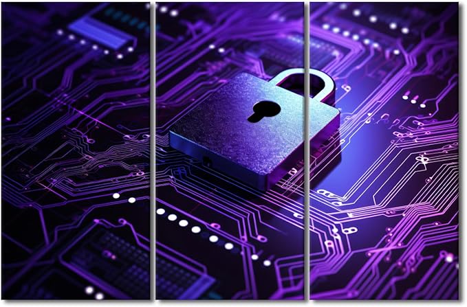3 Panel Framed Wall Art Cyber Security Concept Posters Prints, Cyber Security and Data Protection Concept Artwork Giclee Wooden Framed Gallery-Wrapped Ready to Hang, 42" Wx28 H