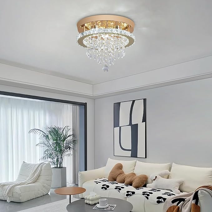 Deckrico Modern Gold Crystal Chandelier 11.8" LED Ceiling Light, Flush Mount Lighting Fixture for Bedroom, Hallway, Kitchen, Dining Room – Cool White