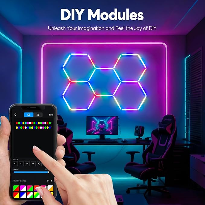 RGB Hexagon led Garage Lights, 5Hexagon Light with Music sync, Dimmer, Smart App/Remote Control, Timer, DIY Color Changing Hex Wall Lights, Honeycomb Light for Gaming Room, Gym, Garage