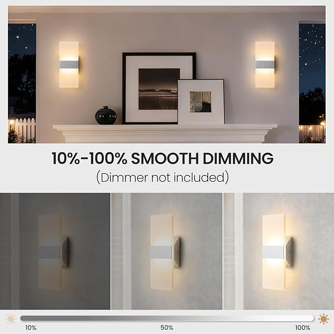 Modern LED Wall Sconce, 5CCT Dimmable Brushed Nickel Wall Lights, 12W 800LM 2700K-5000K Adjustable, Hardwired Indoor Up and Down Acrylic Wall Light Lighting for Living Room Bedroom Hallway, ETL