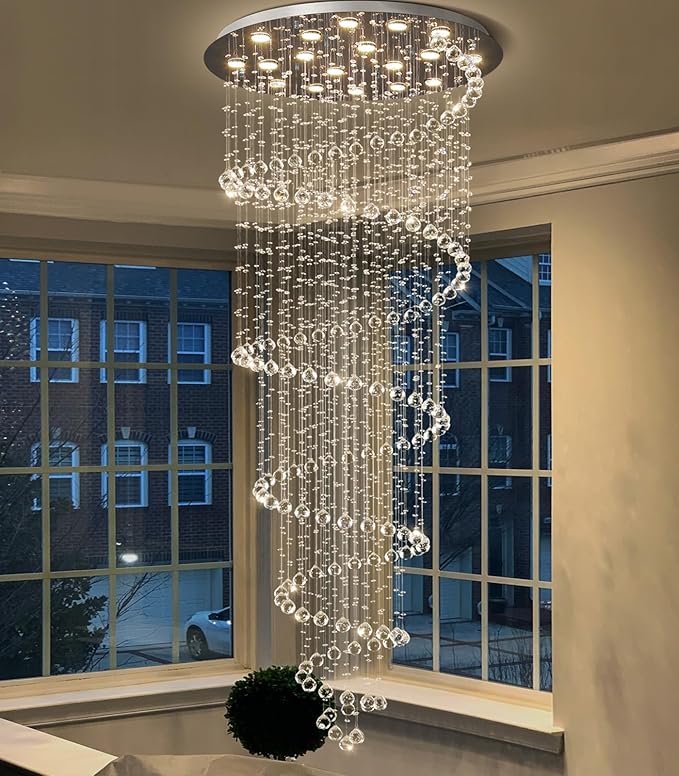 W40 x H118in Chandelier with LED Bulbs Glam Crystal Light Hight Ceiling Lighting Fixtures for Living Staircase Foyer Entryway