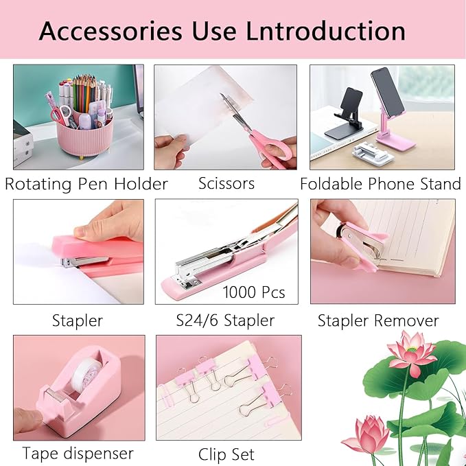 Office Supplies,Desk Accessories,with Stapler, Tape Dispenser,Desk Organizer,Folding Phone Holder,Pen,Journal Notebook,Scissor,Staple Remover,Staples,Clear Tape,Sticky Notes,Paper Clips,Bookmark,Ect
