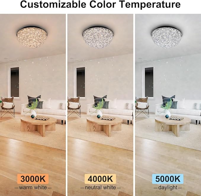 12’’ Modern Crystal Chandelier, LED Flush Mount Ceiling Light Fixture, 3/4/5000K Dimmable Ceiling Lamp for Dining Room, Entryway, Kitchen, Closet, Living Room, Bedroom, Hallway ETL Listed Black