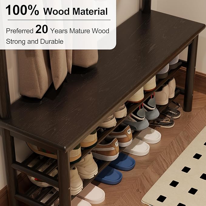 AQIMUELE Coat Rack with Shoe Storage, Wooden Hall Tree with Bench, 11 Hooks and 2-Tier Storage Shelves, 3-in-1, Entryway Bench with Coat Rack (39.3"-Black)