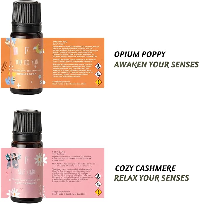 Folkulture Essential Oils Set | 6 Relaxing Fragrance Oils for Diffusers | Green Tea, Cashmere, Ocean Salt and More| Aromatherapy Gift Set for Her, Him | Self-Care Lovers | Self Love Club