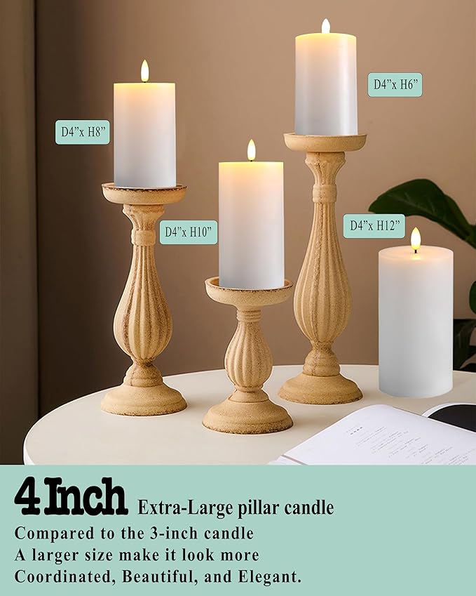 4"x8" Flickering Flameless Candles with Remote Timer, 4" Diameter Extra-Large White Pillar, Wax, 2 Pack Tall Battery Operated LED Candles for Table and Fireplace Decor (H 8")