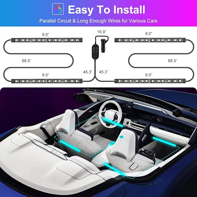 Car Interior LED Lights, APP Control with Car Charger, RGB Color Change with Music Sync & DIY Mode, 12V 2 Lines Design for Under Dash Running Board Truck