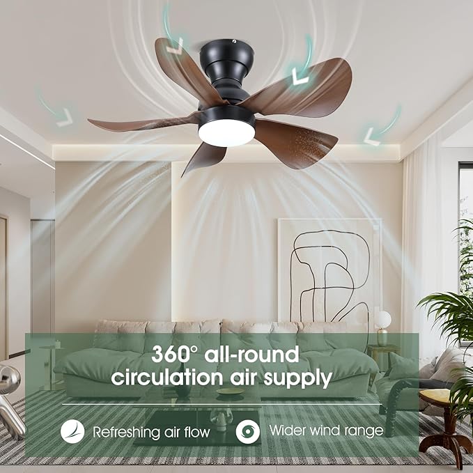 Ceiling Fans with Lights and Remote/APP Control, 30 inch Low Profile Ceiling Fans with 5 Reversible Blades 3 Colors Dimmable 6 Speeds Ceiling Fan for Bedroom Dining Room, Wood Color