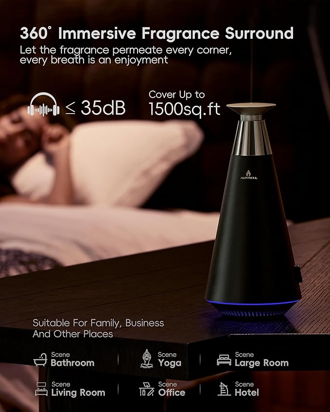 Wireless Rechargeable Waterless Scent Diffuser Starter Kit - 1500 Sq Ft Coverage,Alloy Atomization System,Mood Light, Hotel Scent Diffuser, Including 120ml Essential Oil, for Home,Large Room,Spa,Black