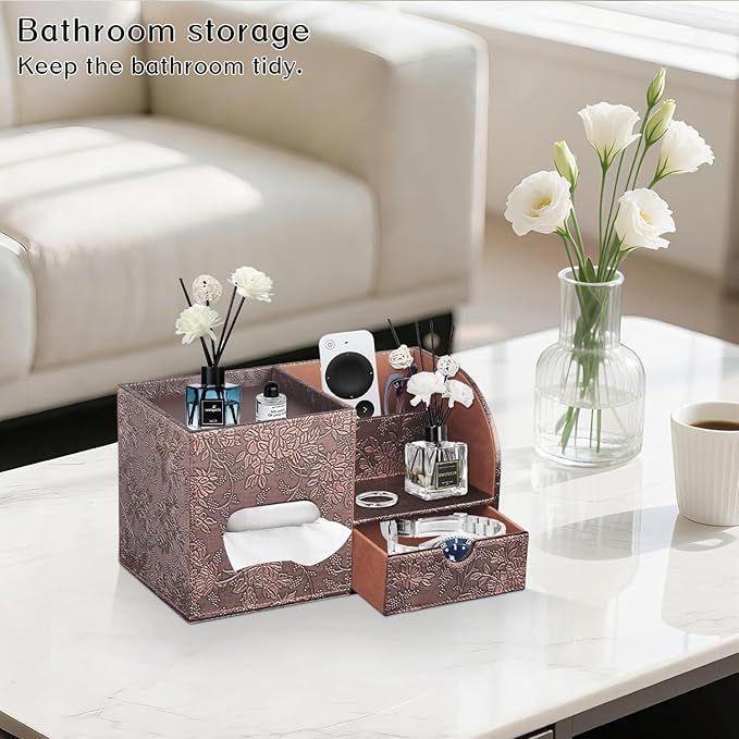 Fanousy Square Tissue Box Cover with Drawer Storage and Tray on Top, PU Leather Tissues Cube Boxes Holder, Modern Nightstand Organizer Caddy, Remote Control Holder for Bathroom, Bedside, Office, Home