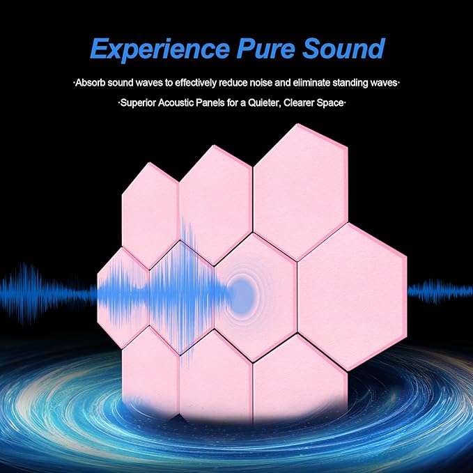 Mollywell Hexagon Acoustic Panels 14x12 - Reduce Echo & Reverb, Noise Blocking Wall Tiles for Bedroom & Nursery, Cherry Blossom Pink Sound Absorbing Panels