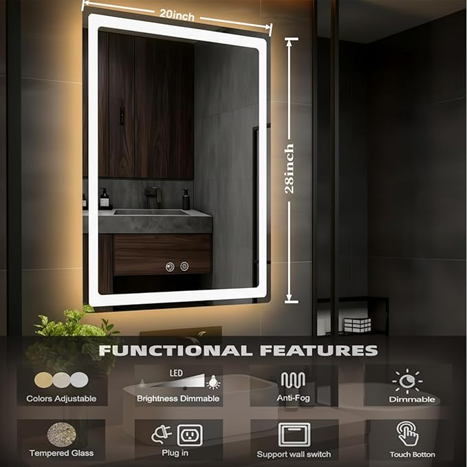 LTFUUAI 20"X28" LED Bathroom Mirror with Lights, Smart Touch 3-Color Dimming Lighted Vanity Mirror Wall Mounted, Anti-Fog Shatterproof with Front & Back Light, for Bathroom Vanity