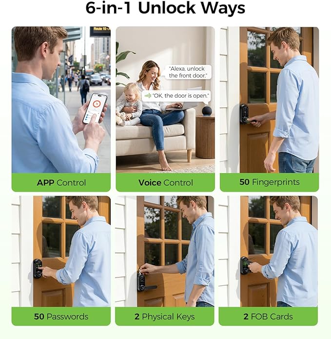 WiFi Smart Lock with Handle, Keyless Entry Door Lock for Front Door Lock Set with Alexa & Google Assistant, Voice Control & APP Remote, Fingerprint Keypad Door Lock with Handle,PIN Unlock,Auto Locking