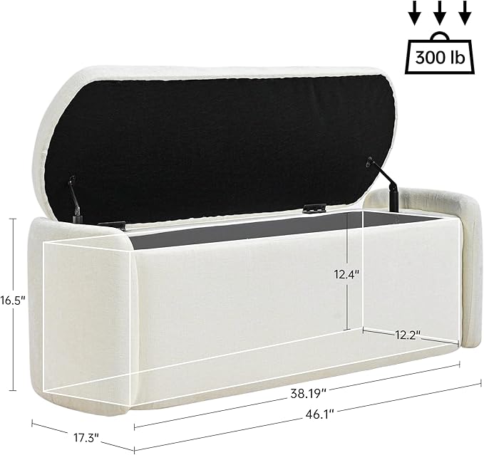 VKNOW 46" Oval Storage Ottoman Bench, Upholstered End of Bed Bench Ottomans Bench Foot Rest, Sherpa Storage Bench for Bedroom, Living Room and Hallway, Beige