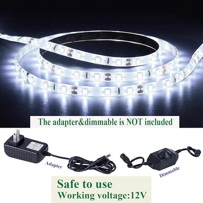 16.4ft White Led Strip Lights, 12V Waterproof Led Strip Lights Flexible Light Strip Indoor for Bedroom, Kitchen, Bathroom(Not Included Power)