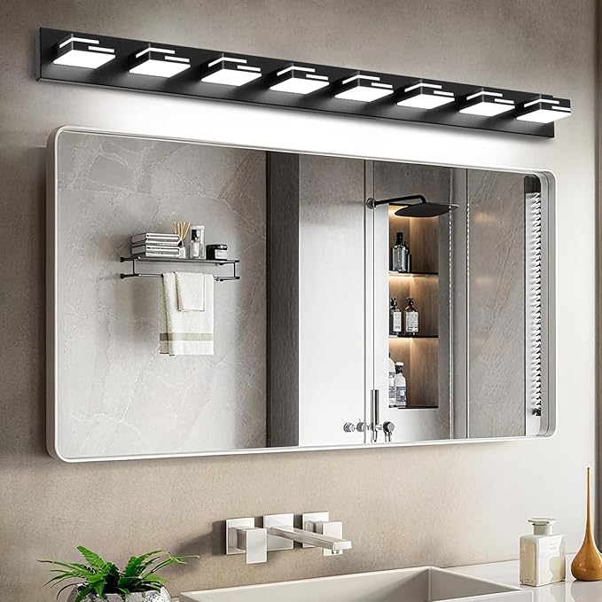 LED Modern Bathroom Vanity Light Fixtures 8-Light 5CCT Dimmable Matte Black Vanity Lights for Bathroom Lighting Fixtures Over Mirror, with 350° Rotatable Acrylic Heads, 55-inch