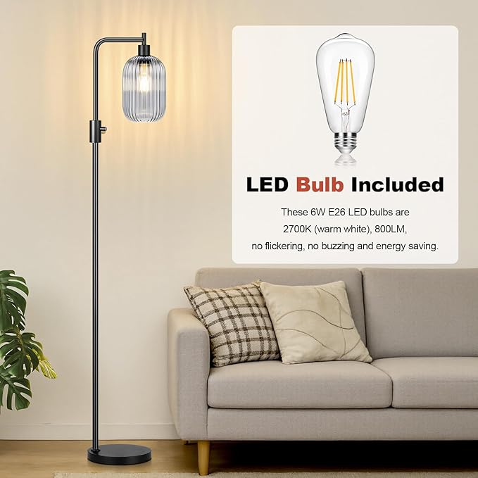 【Upgraded】 Dimmable Glass Floor Lamp for Living Room, Modern Black Standing Lamp with Green Ribbed Gray Lampshade & Knob Dimmer, Arc Tall Lamp for Bedroom Office Reading Room, 2700K Led Bulb Included