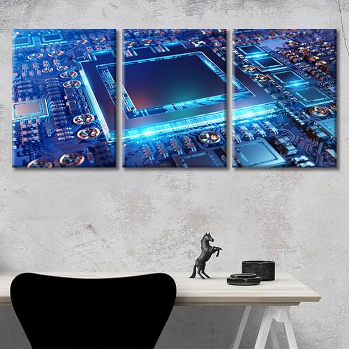 Canvas Wall Art Computer Processors CPU Wall Art for Living Room 3 Piece Modern GPU Card with Circuit and Colorful Lights Wall Decor Living Room Print on Canvas Framed Ready to Hang (36"Wx16"H)