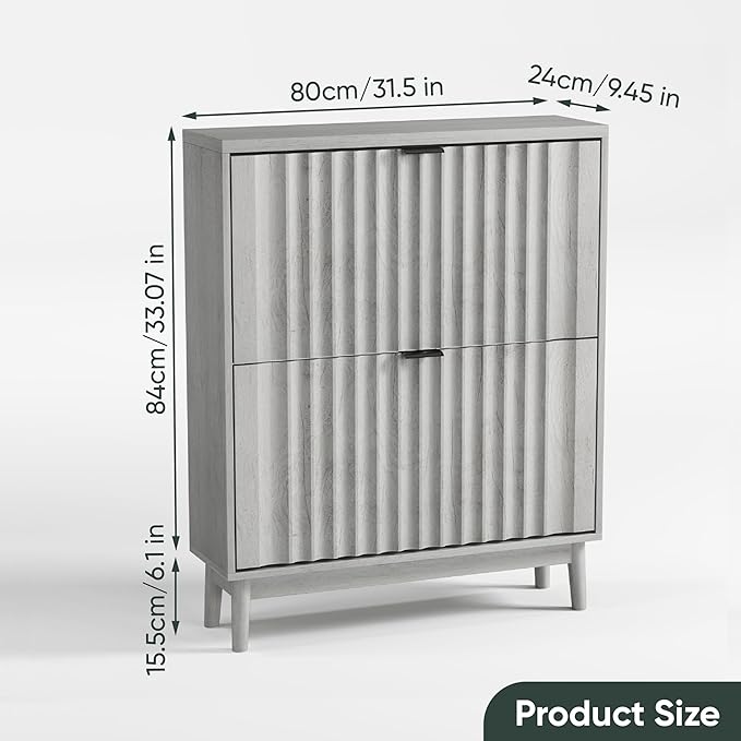 31.5''W Shoe Cabinet for Entryway with 2 Flip Drawers, Narrow Wood Shoe Storage Cabinet with Fluted Panel, Freestanding Hidden Shoe Organizer for Foyer, Hallway, Grey