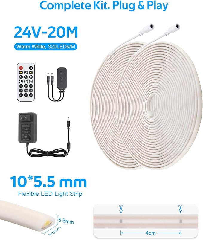 Aclorol 65.6FT White LED Strip Lights 24V Dimmable COB LED Strips Light with Remote & APP IP68 Waterproof for Under Cabinet Bathroom Courtyard Balcony Lighting (2 Rolls of 32.8FT)