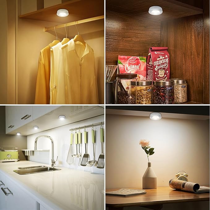 BIGMONAT LED Puck Light, Stick on Lights, Closet Lights Battery Operated, Tap Lights, 60 Lumens Touch Light, Under Cabinet Lighting, Ideal for Kitchen Cabinets, Closets, 3-Pack, Silver