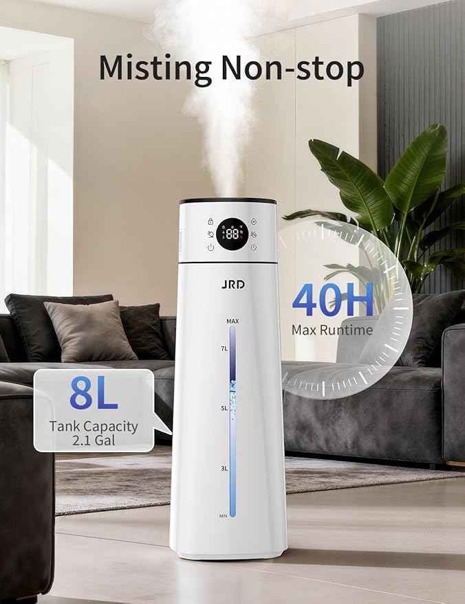 JRD Humidifier Large Room 8L/ 2.1Gal, Ultrasonic Cool Mist for Bedroom, Quiet Humidifier with Remote Control, 10 Mist Modes, 24H Timer, Night Light, AI Mode, 40H Run for Home Office Baby Pets Plants