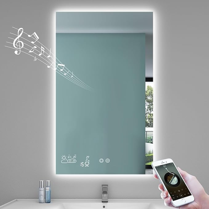BYECOLD 24”X 40”Bathroom Bluetooth Smart Mirror Large Makeup Led Lighted Mirror with Adjustable 3 Light Colors, WiFi Enabled Weather Display, Fog Free, Memory Function Touch Sensor- Vertically Hangs