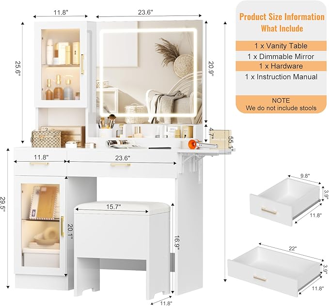 NUNU LAB White Vanity Desk with Mirror and Lights, Makeup Vanity Set with Storage Shelf and Drawers, Bedroom Dressing Table with RGB Cabinets, Cushion Stool for Women, Girls, Teens (052 White)