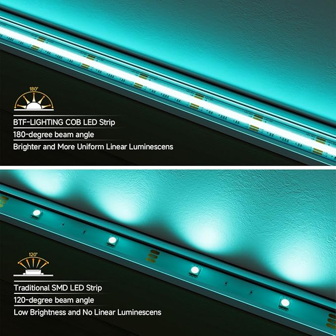 BTF-LIGHTING FCOB COB RGB LED Strip Light, UL Listed, IP66 810LEDs/m High Density Flexible Color Changing Light, DC12V 32.8FT 10mm Width for Bedroom Cabinet Home Indoor Decor(No Adapter or Controller)