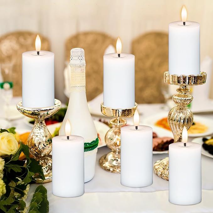 DRomance Flameless LED Pillar Candles with 10-Key Remote and Timer 6 Pack Real Wax Battery Operated Candles 3D Wick Flickering Warm Light Wedding Dinner Holiday Decor(White, 1.9" D x 4.5" H)