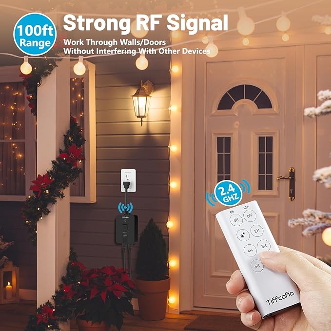 TiFFCOFiO Outdoor Timer Waterproof, Remote Control Dusk to Dawn Sensor, 2 Grouded Electrical Outlets for Lights,15A 1875W, ETL Listed