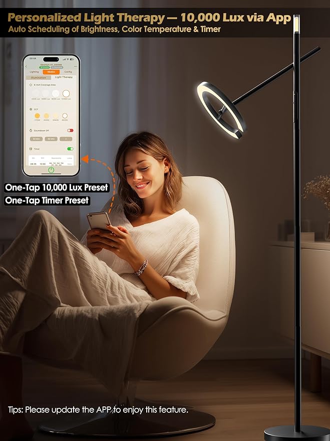 10000 Lux Light Therapy Lamp, LED UV-Free Sunlight Lamp, Smart Floor Lamp with Remote & App Control, Stepless Adjustable Brightness & Color Temps, Happy Lamp Light Therapy, Full Spectrum Sun Lamp