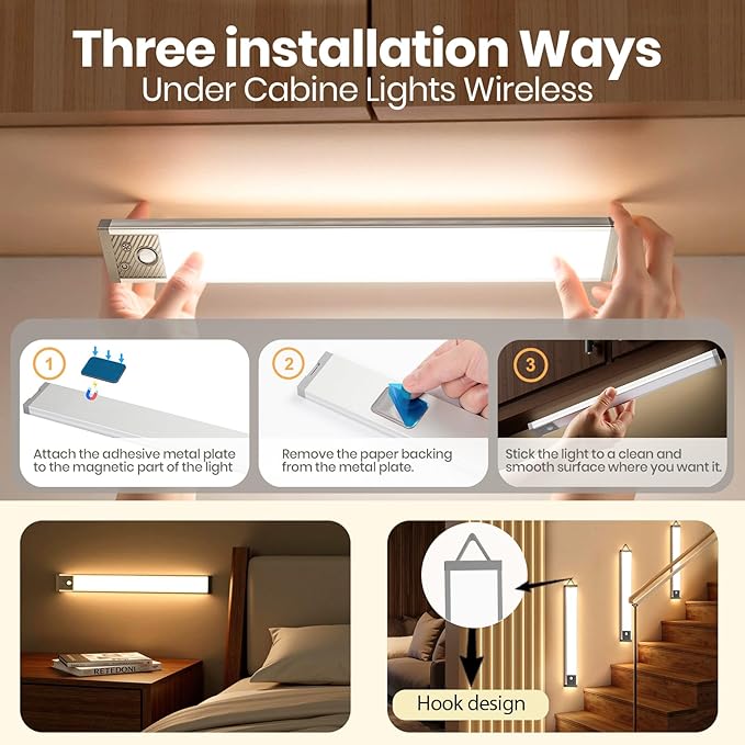 13.5Inch Under Cabinet Lighting, 3200mAh Under Cabinet Lights Motion Sensor 3 Color, Rechargeable 118LED Magnetic Light Bar Indoor,Wireless Battery Operated Closet Lights for Kitchen Home Stairs,2Pack