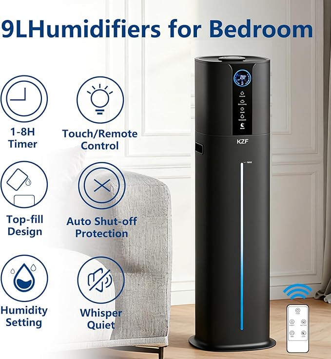 KZF 9L Smart Humidifiers for Bedroom Large Room, 2.3Gal Cool Mist Top Fill Diffuser App & Remote Control, 3 Mist Modes, Quiet Humidifier for Home Office Plant (9L Black App)