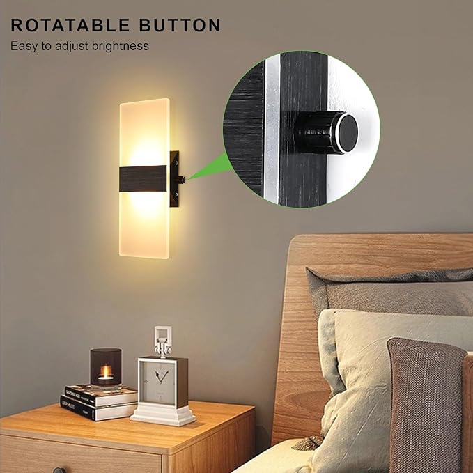 Lightess Modern LED Wall Sconces with Switch, 12W Indoor Wall Lights Set of Two, Hardwired Acrylic Dimmable Wall Mounted Lighting for Living Room Hallway Bedroom, Warm White, 2 Pack