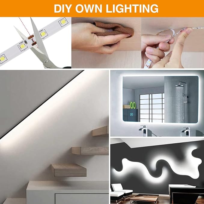 CT CAPETRONIX White LED Strip Light, 32.8 Feet 24 Volt LED Light Strip White, 6000K-6500K Daylight Super Bright LED Tape Light for Bedroom, Kitchen, Closet, Cabinet, Mirror, Indoor（Dimmer Included）