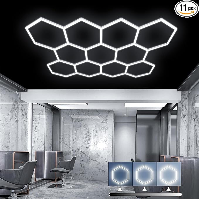 Dimmable Hexagon Garage Lights: Upgraded 3 Level Dimmable 46 Pack 11 Ceiling Honeycomb Hexagon LED Lights 6500K for Garage Basement Warehouse Auto Beauty Shop Car Detailing Shop etc.