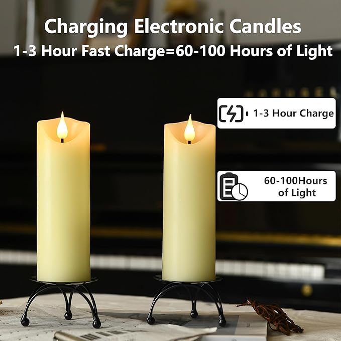 Rechargeable Flameless Candles, 2" x 6", ste of 2, Battery Operated Led Candles, Real Wax Candle with Remote and Timer, Ivory 3D Wick Pillar Candle for Home Fireplace, Wedding Decoration