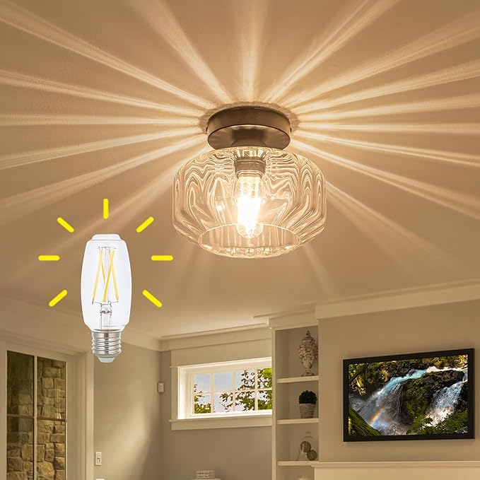 Tbaoinal Semi Flush Mount Ceiling Light with Diamond Glass Shade, 36-Faceted Panels Create Starburst Effect, 1200LM LED Bulb Included Matte Black Ideal for Hallway Entryway Kitchen Bathroom Bedroom