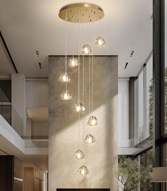 Glam Chandelier with LED Dimmable Bulbs Bubble Crystal Balls Glam Chandeliers High Ceiling Pendants Light Fixtures Adjustable Long Lights Gold Light