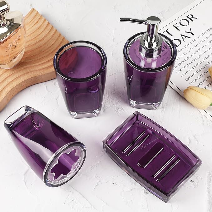 4-Piece Classic Purple Acrylic Bathroom Accessories Set — Soap Dispenser, Toothbrush Holder, Soap Dish & Mouthwash Cup, Vanity Countertop Organizer for Purple Boho Bathroom Decor