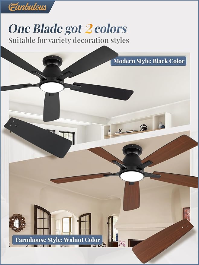 Fanbulous 52 inch Ceiling Fans with Lights, Smart Flush Mount Ceiling Fan and Remote APP, Modern Low Profile, 3CCT 20W LED with 6-Speeds Quiet Reversible Motor for Bedroom, Living Room, Kitchen, Black