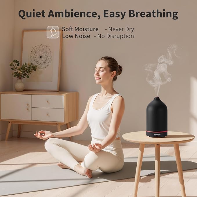 URPOWER 120ML Essential Oil Diffuser, Ultrasonic Aromatherapy Diffuser with Sleek Black Ceramic Design, 7-Color LED Lights, Auto Shut-Off, Humidifier for Home & Office, Scent Diffuser for Relaxation