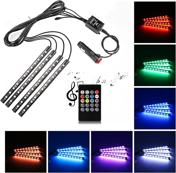 Car LED Strip Light,Uniwit 4 Pieces DC 12V 72 LED Multicolor Car Interior Music Light LED Underdash Lighting Kit with Sound Active Function and Wireless Remote Control Including Car Charger