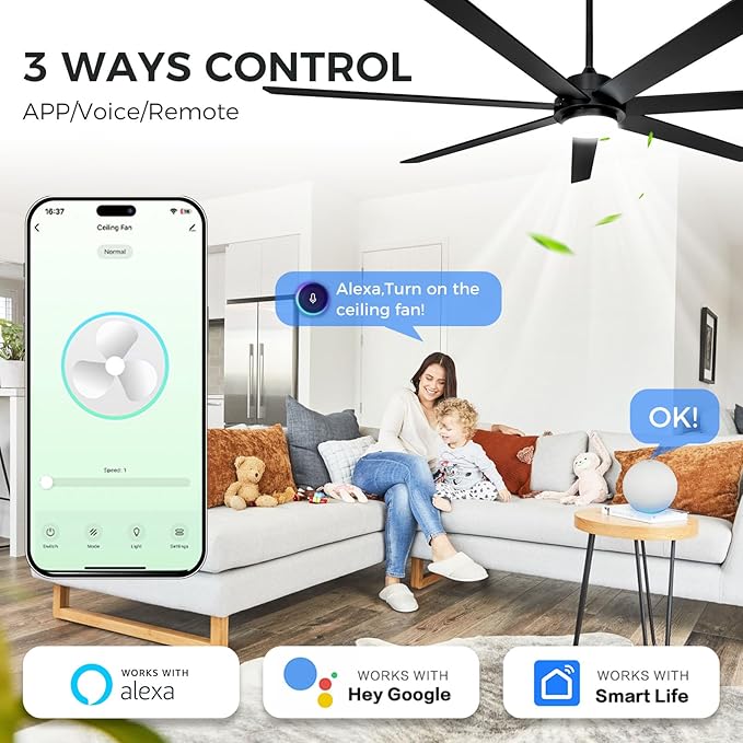 72 In Large Smart Ceiling Fan with Light and Alexa APP Remote Control,6 Speed,3CCT,Quiet Reversible DC Motor Black Indoor Outdoor Ceiing Fan for Patio or Living Room