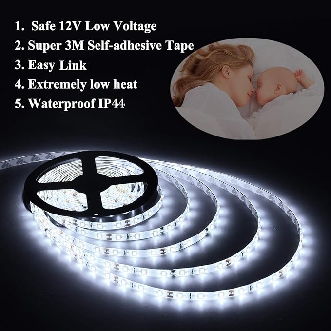 16.4ft White Led Strip Lights, 12V Outdoor Led Strip Lights Flexible Led Light Strip Indoor Plug in Cuttable SMD2835 Dimmable Led Strip Light for Bedroom Cabinet Kitchen TV Hallway