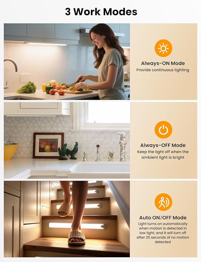Under Cabinet Lighting, 8 Inch LED Rechargeable Battery Operated Motion Sensor Light Indoor, 1100 mAh Wireless Magnetic Dimmable 6500K Closet Lights for Under Counter, Kitchen, Stairs, 2 Pack